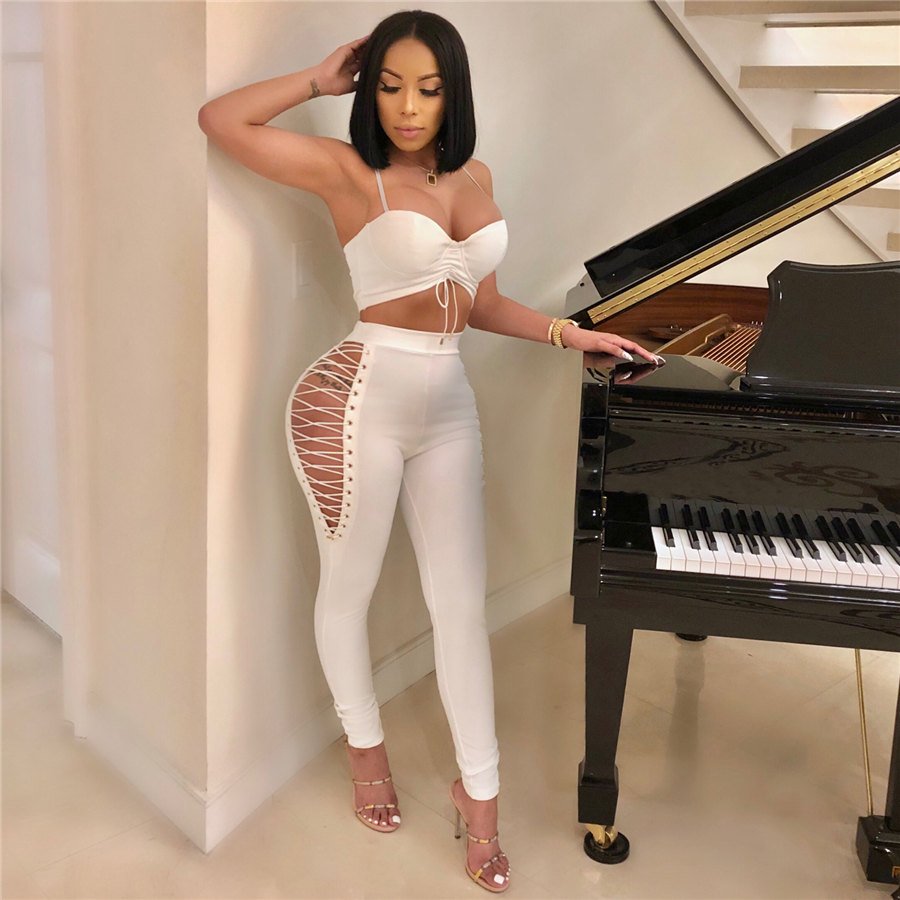 Sexy Jumpsuit Spaghetti Strap Bras Novelty Streetwear Hollow Out Skinny Lace-up Side Pants