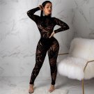 Sexy Night Club Jumpsuit Black Bamboo Leaves Panelled Fashion American Women Streetwear