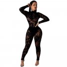 Women Lace Jumpsuit Black Bamboo Leaves Sexy American Night Club Skinny Rompers