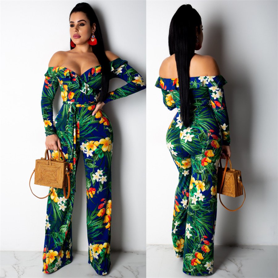Fashion Summer Jumpsuits Large Size XXL Full Length Floral Printing Long Sleeve Clubwear