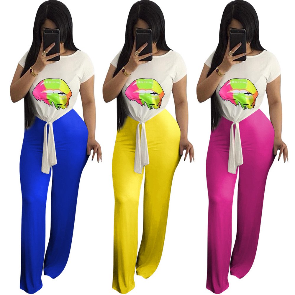 3 Colors Women's Two Piece Wide Leg Pants with Lips Print Tops High Waist Clubwear