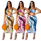 Fashion Summer Two Piece Dress Spaghetti Straps Digital Printing Tops with Maxi Skirt