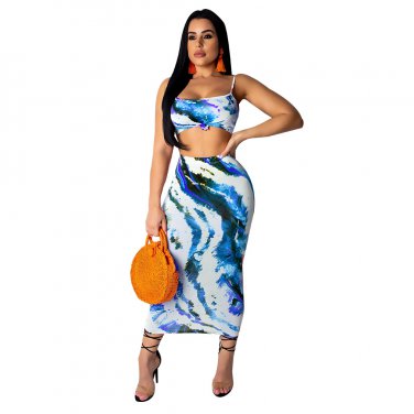Plus Size XXL Spaghetti Straps Digital Printing Tops with Maxi Skirt Women's Two Piece Sets