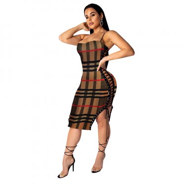 Summer Lace-Up Sexy Split Bar Night Clubwear Midi Dress Fashion Plus Size Party Dresses