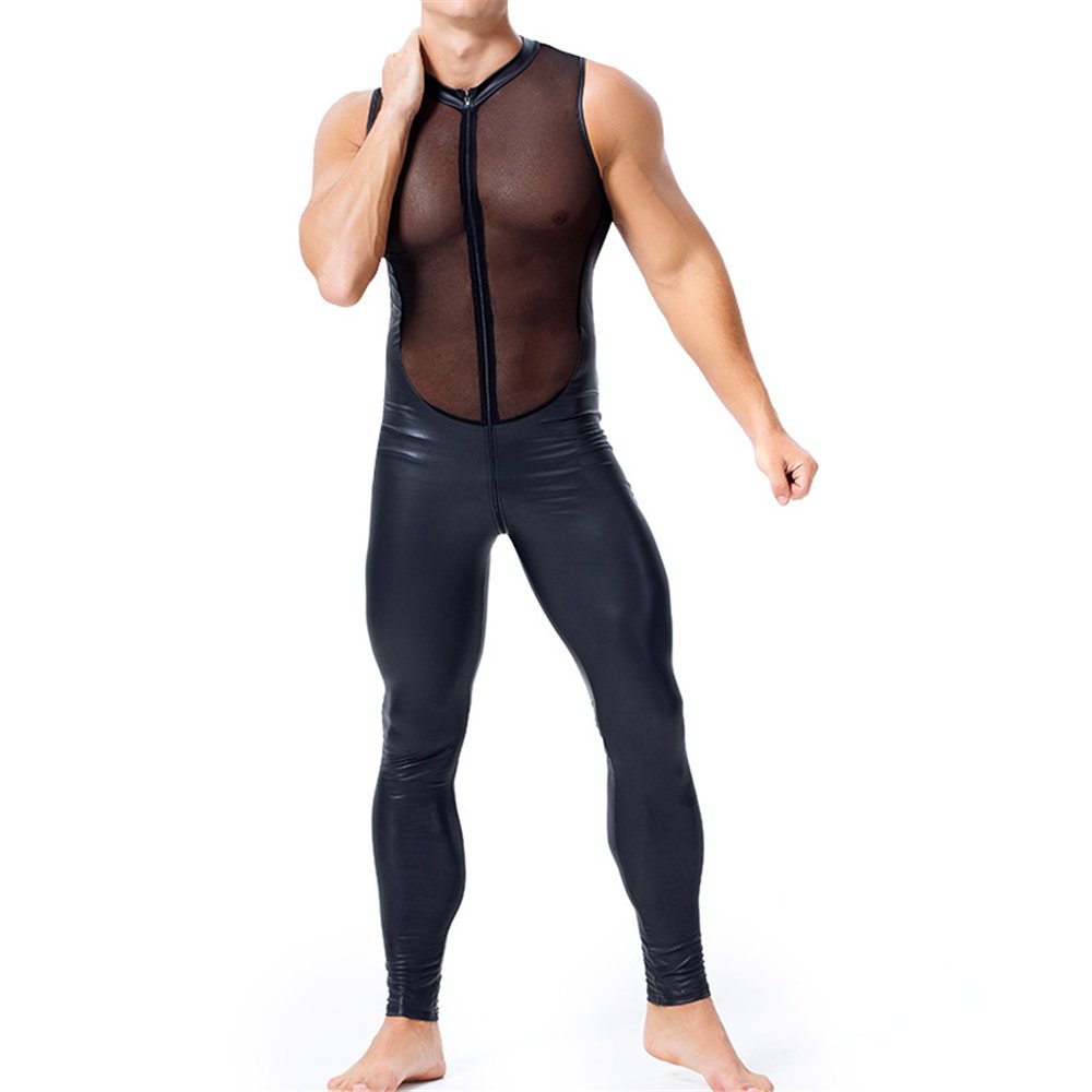 Sexy AV Cosplay Costumes Men Plus Size Clubwear Faux Leather Fetish Onesies Jumpsuit