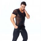 Men Patent Leather Gothic T-shirts Sheer Mesh Tops Male PVC Tees Fetish Stage Clothing