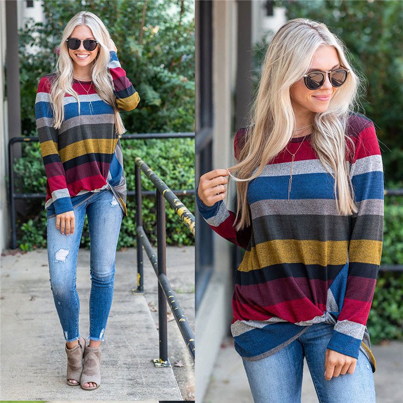 Fashion Woman Clothes Striped Color Shirts Big Size Crew Neck Fall Streetwear