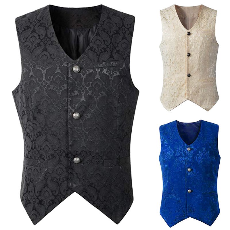 Men's Short Vest Punk Male Medieval Costume Vintage Jacquard Lace Waistcoat Retro Earl Costume