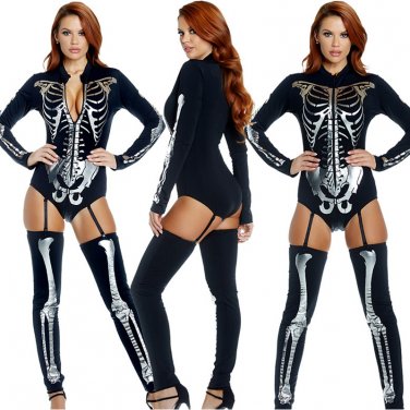 Black Skeleton Bodysuits Fetish Onesies Carnival Halloween Pole Dance Jumpsuit