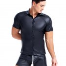 Men Faux Leather Novelty T-shirts Stand Collar Shirts Fetish Wear Short Sleeve Fashion Streetwear