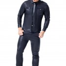 Men's Causal Faux Leather Shirts 2XL Long Sleeve Coat Fetish Stage Costume Black PVC Tops