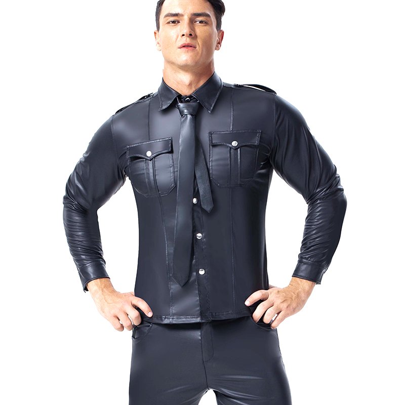 Men's Causal Faux Leather Shirts 2XL Long Sleeve Coat Fetish Stage ...