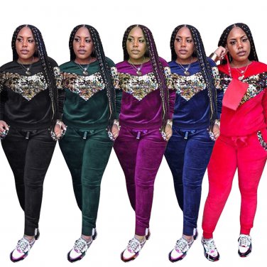 Autumn Women's Two Piece Pants Crew Neck Spring Sweetheart Sequins Lady Tracksuits