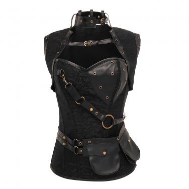 Black Color Women Medieval Gothic Corset Steampunk Bustier Plus Size Faux Leather Body Shaper