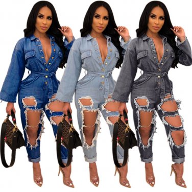 Plus Size Hole Jumpsuit XXL Casual Loose Streetwear Hip-pop Hollow Out Night Denim Clubwear