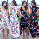 Summer Floral Printed Midi Dresses Deep V-neck Women Print Maxi Casual Dress