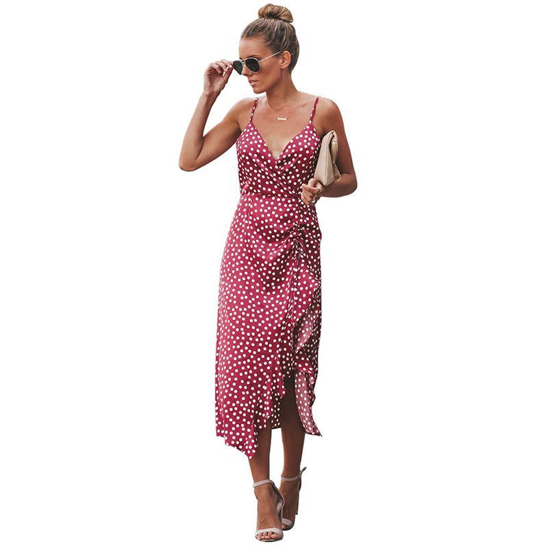 Female Spring Trendy Clothing V-Neck Polka Dot Midi Dress Spaghetti Strap Party Dress