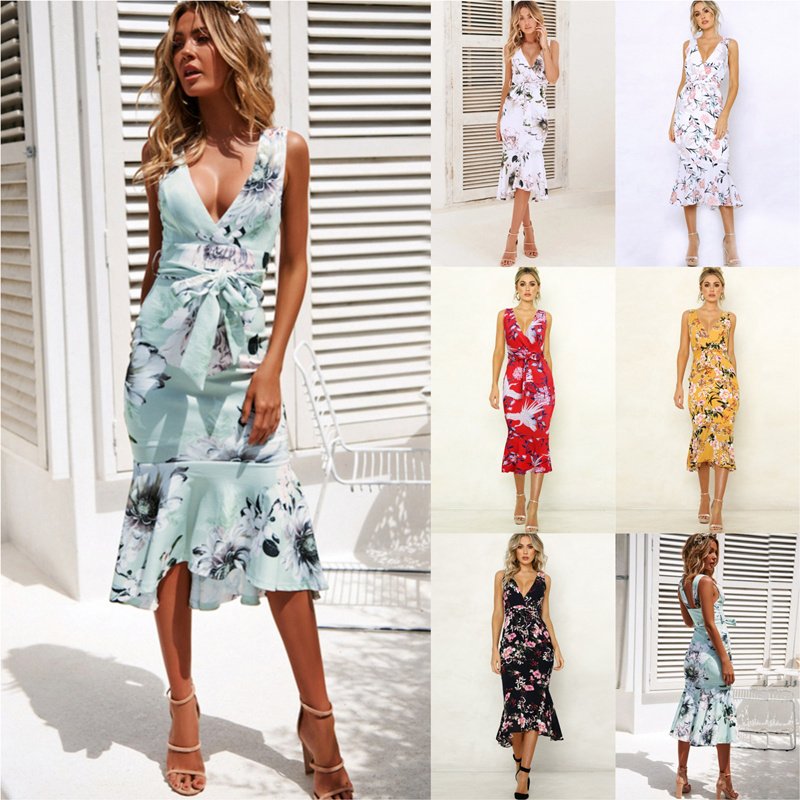 Summer Floor-Length Streetwear V-neck Floral Printed Casual Dresses