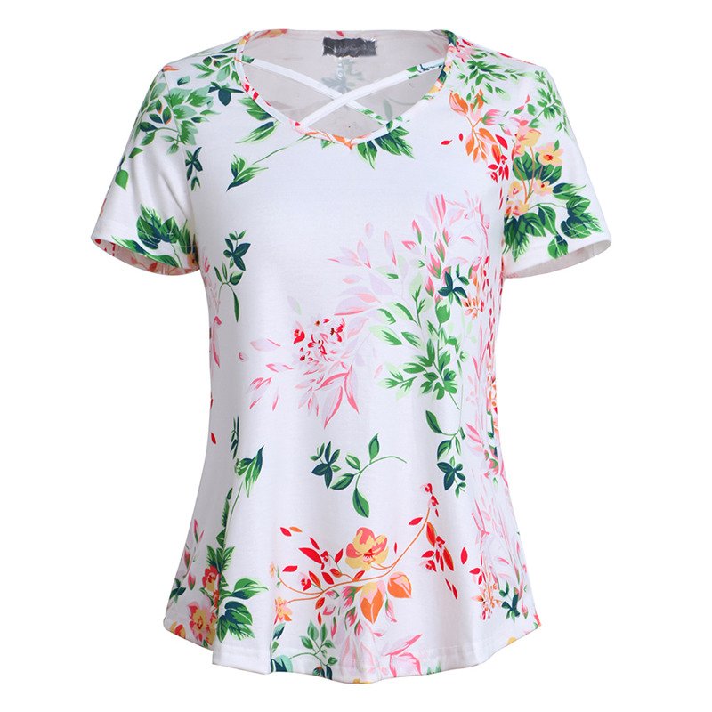 2020 Summer Women Blouse Short Sleeve Fashion Scroop Neck Tops Floral Print Tee