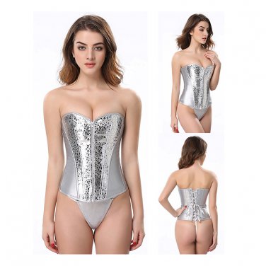 2020 Sexy Metallic Silver Bustiers Pebbled Corselet Lace Up Carnival Overbust Corset