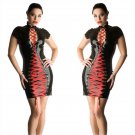 Women Wet Look Party Dresses Summer Double Red Lace Up Panels Vinyl PVC Night Clubwear