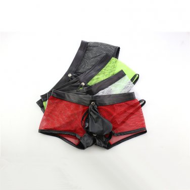 Penis Pouch Underwear Black PVC Boxers Sissy Mesh Trunks Erotic Faux Leather Shorts