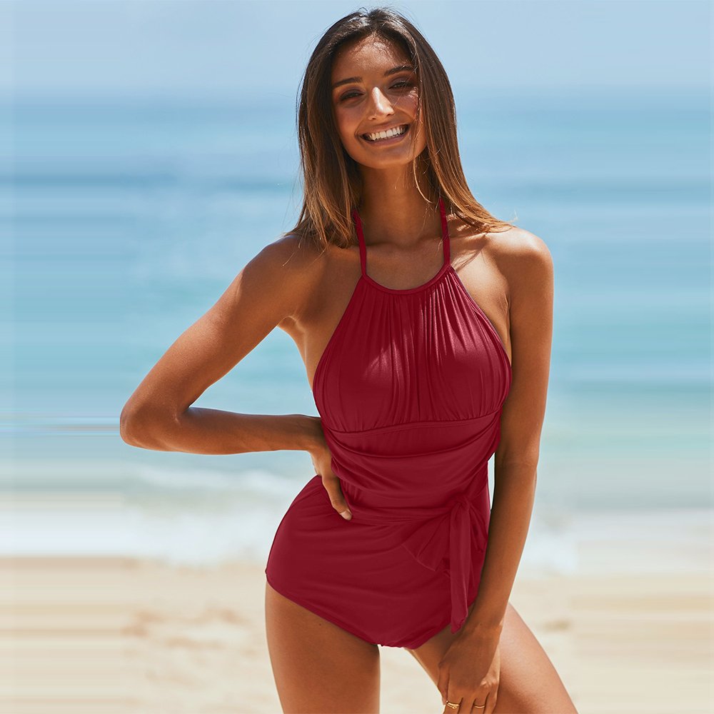 High Waist Fashion Bathing Suits Backless Solid Color Monokini Women Beach Wear