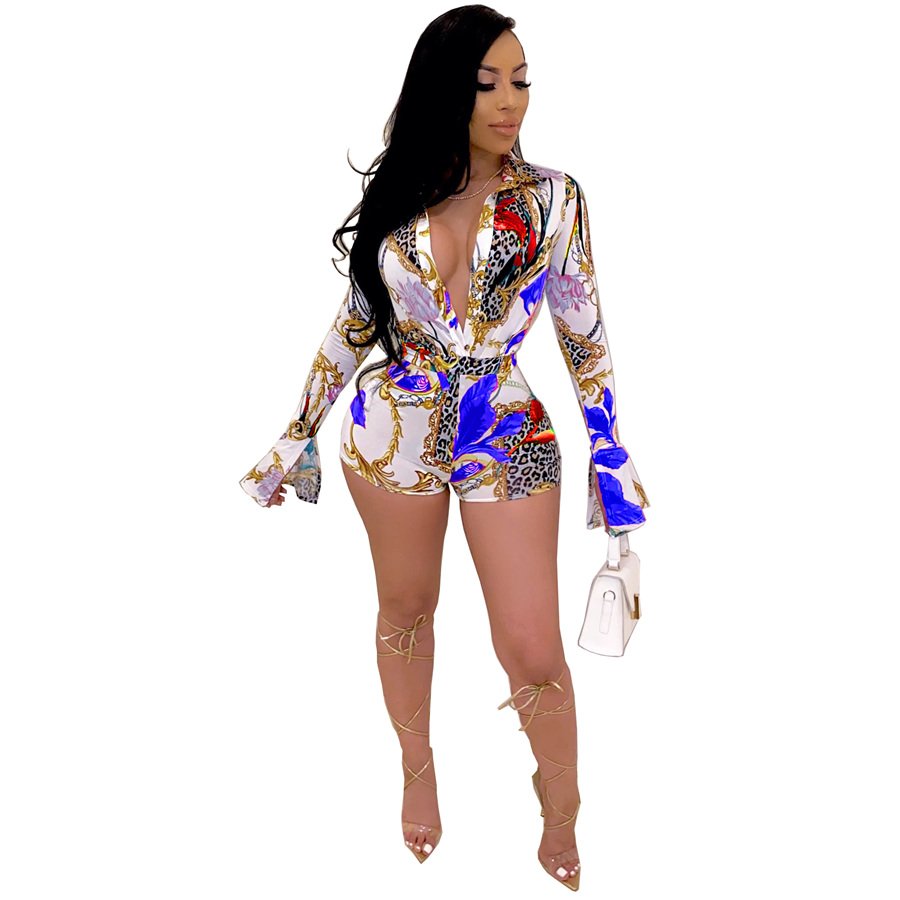 Long Sleeve Autumn Lapel Bodysuit Plus Size Women Rompers Skinny V-neck Jumpsuit