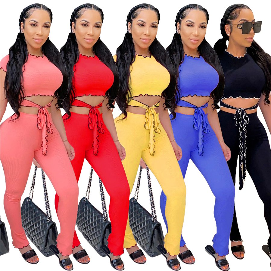 Women Two Piece Pants Cap Sleeve Ruffle Tops Casual Trendy Clothing Lady Leisure Tracksuits