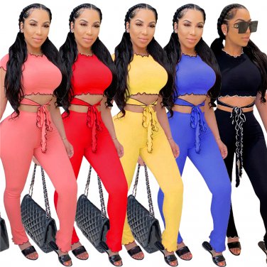Women Two Piece Pants Cap Sleeve Ruffle Tops Casual Trendy Clothing Lady Leisure Tracksuits
