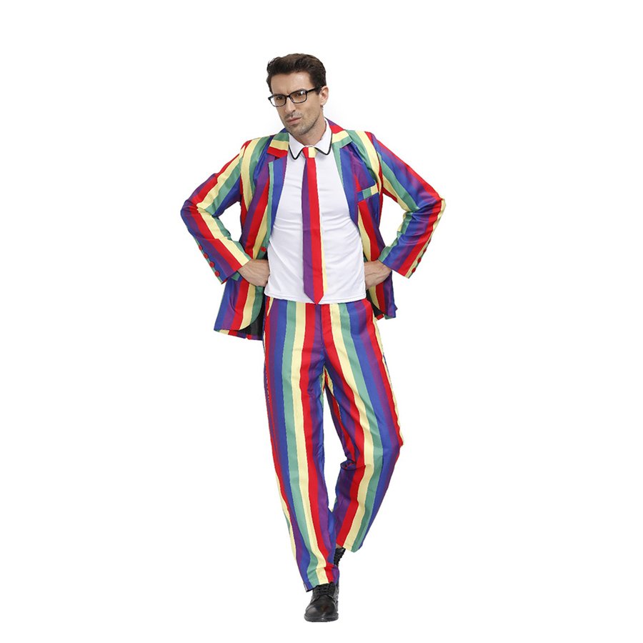 Modern Carnival Men Suits Hip Pop Theme Costume Halloween Funny Outfits Rainbow Strip Easter Uniform