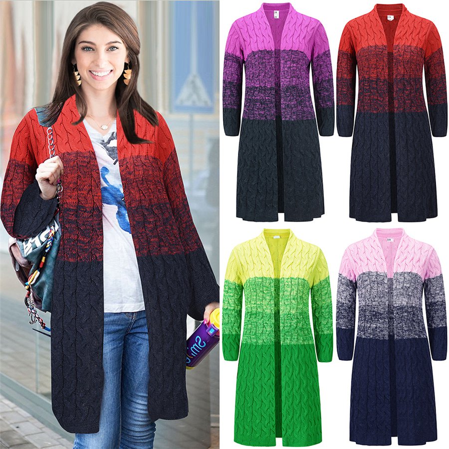 Winter Knitted Sweaters For Women Striped Long Sleeve Wool Coat
