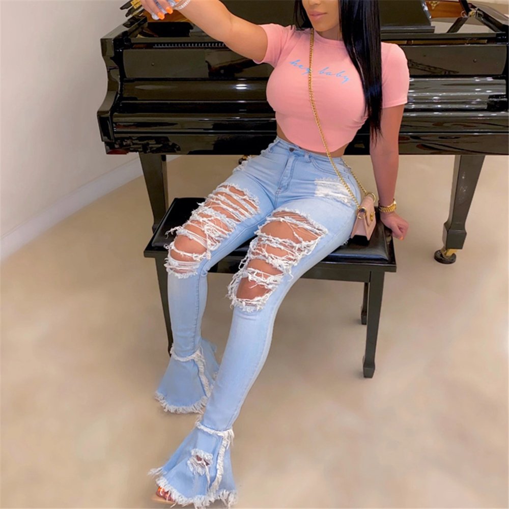 Ruffled Hole Denim Pants Washed Women Street Trend Flared Jeans
