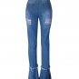 Ruffled Hole Denim Pants Washed Women Street Trend Flared Jeans
