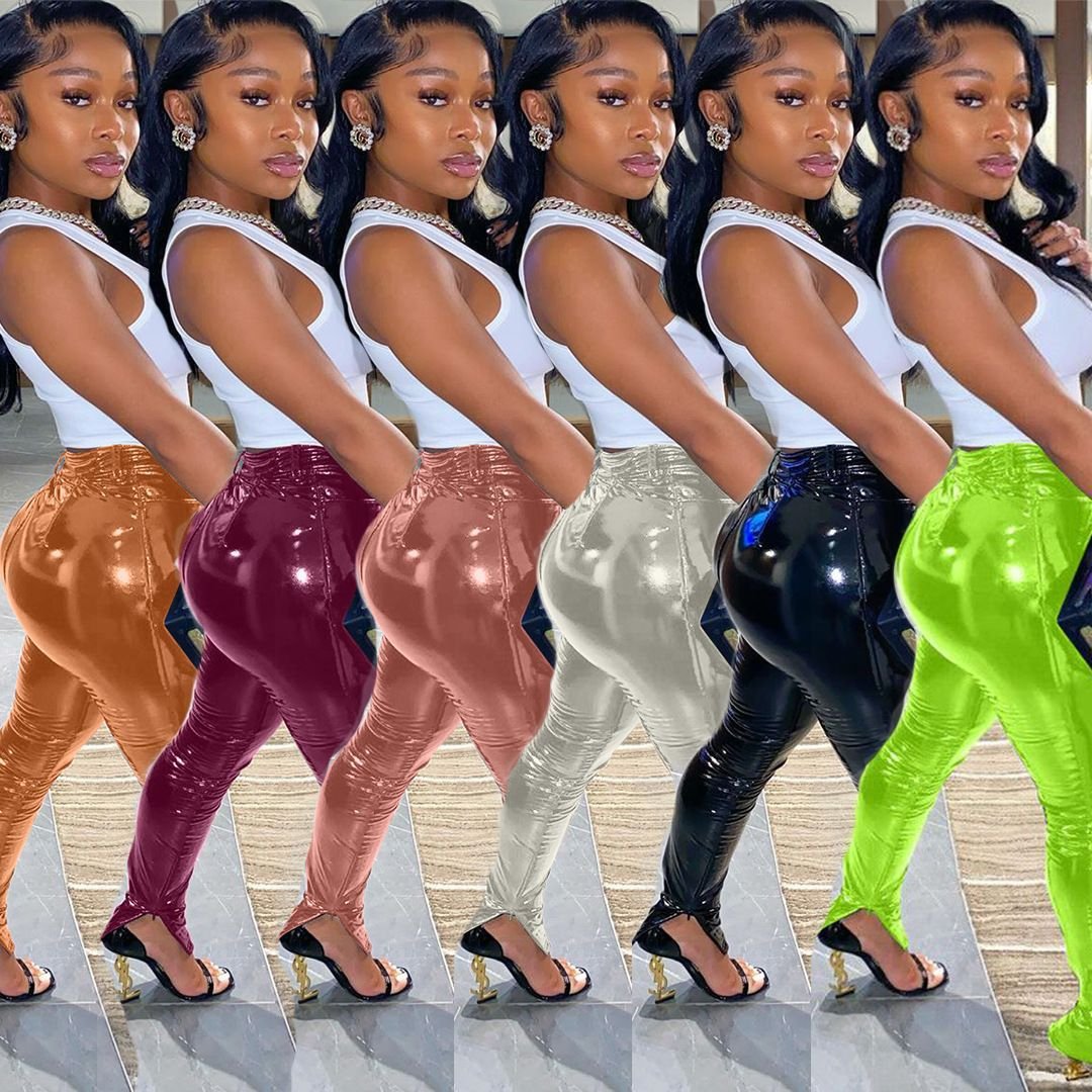 High Waist Latex Pants Full Length Faux Leather Tights Women Fashion Clothing