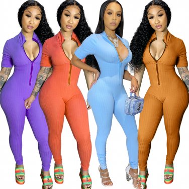 Women Summer Jumpsuits Front Zippers Bodysuit Solid Color Streetwear PQAJ4317D