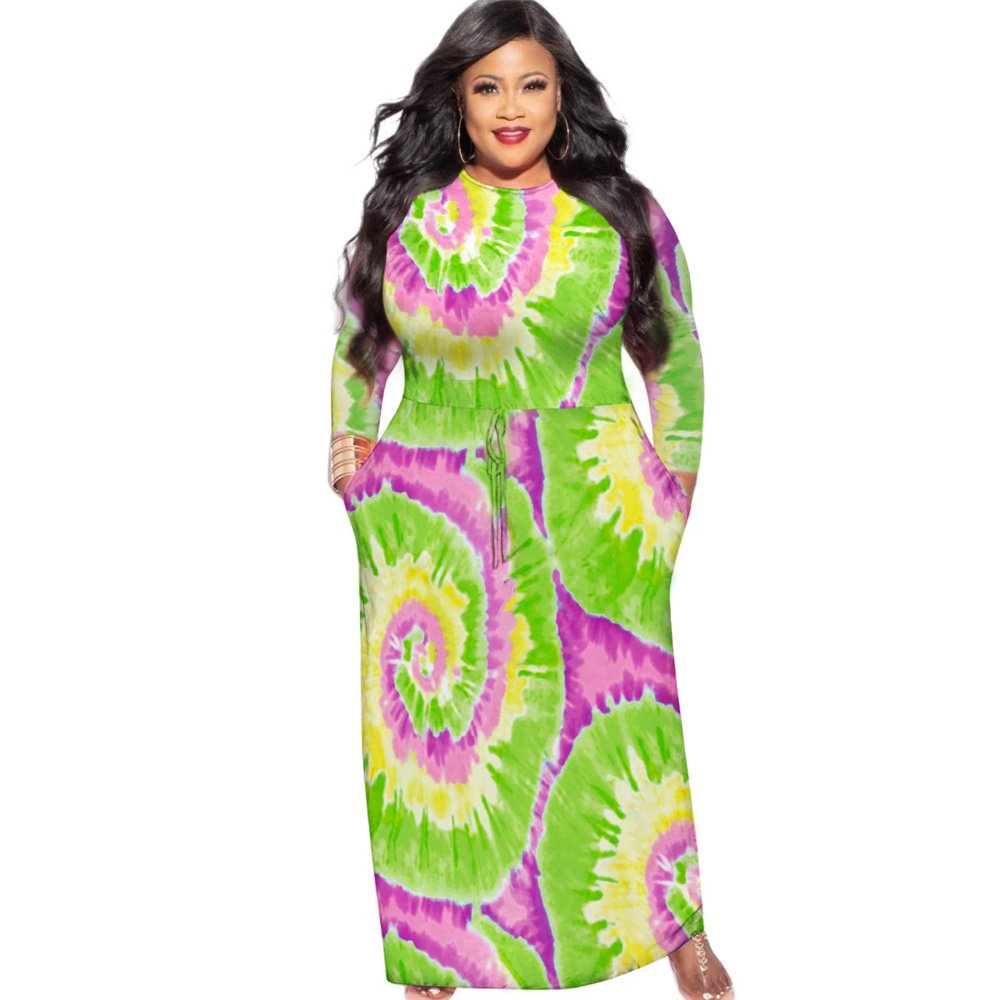 Fashion Long Sleeve Maxi Dresses Tie-dyed Women Plus Size Dress