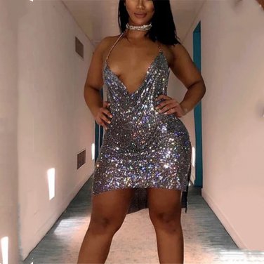 Silver Sequin Backless Sexy Dresses For Women Halter Mini Dress PQ0156