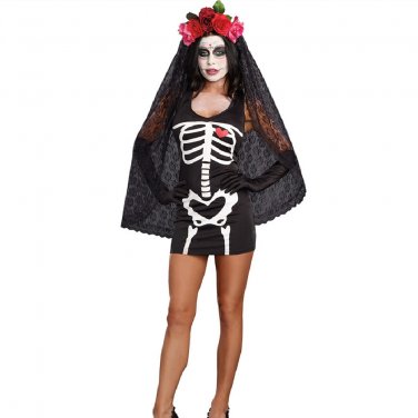 Horror Ghost Bride Masquerade Costume For Woman Halloween Skeleton Uniform Cosplay Dresses