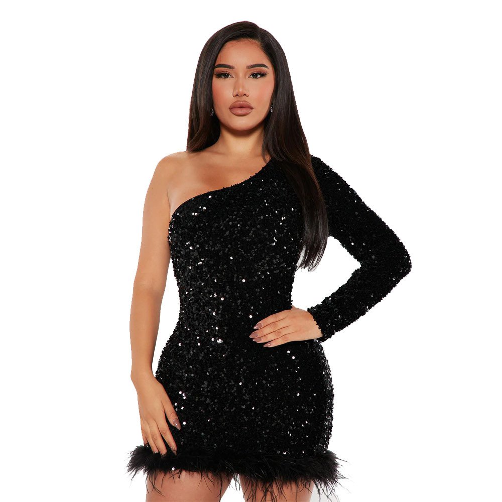 Women Sexy Sequin Dresses Short One Shoulder Night Club Dress PQ8882