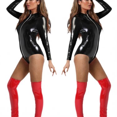 Faux Leather Sexy Bodysuit For Women Wetlook Fetish Wear PVC Zipper Teddies Lingerie Faux Leather Sexy Bodysuit For Women Wetlook Fetish Wear PVC Zipper Teddies Lingerie