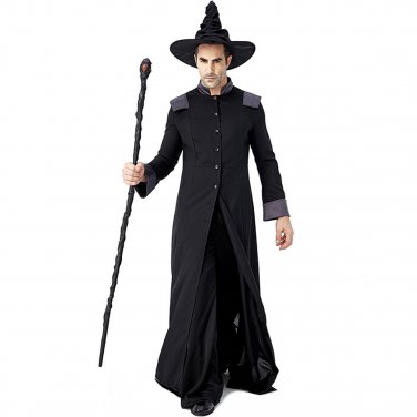 Men Black Robe Sorcerer Stage Costumes Wizard Cosplay Uniform Witch Fancy Dress