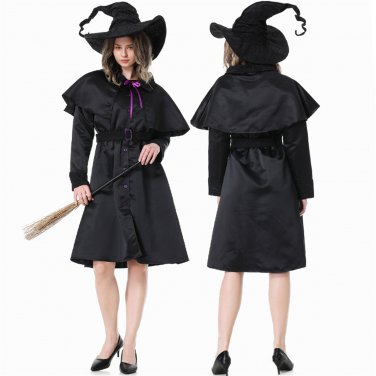 Womens Black Witch Fancy Dress Robe Sorcerer Stage Costumes Wizard Cosplay Uniform
