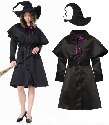 Womens Black Witch Costumes Robe Sorcerer Stage Fancy Dress Wizard Cosplay Uniform