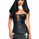 Saintly Sinner Halloween Fancy Dress Black Sexy Faux Leather Lace-up Nun Costume