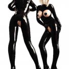 Open Cup Long Sleeves Jumpsuit Black Fetish Costume Fashion Long Pants Vinly Leather Lingerie W7912
