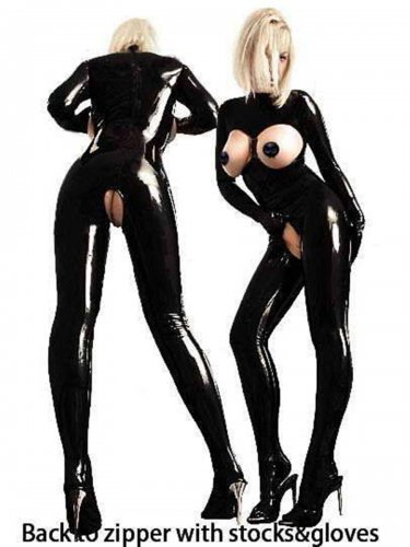 Open Cup Long Sleeves Jumpsuit Black Fetish Costume Fashion Long Pants Vinly Leather Lingerie W7912