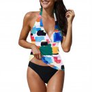 Paint Print Tankini Women Vintage Swimwear Female V-Neck Water Sports Wear