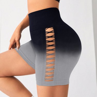 Gradient Cut Out Sport Shorts Women High Waist Boxer Bubble Butt Athletic Short Pants