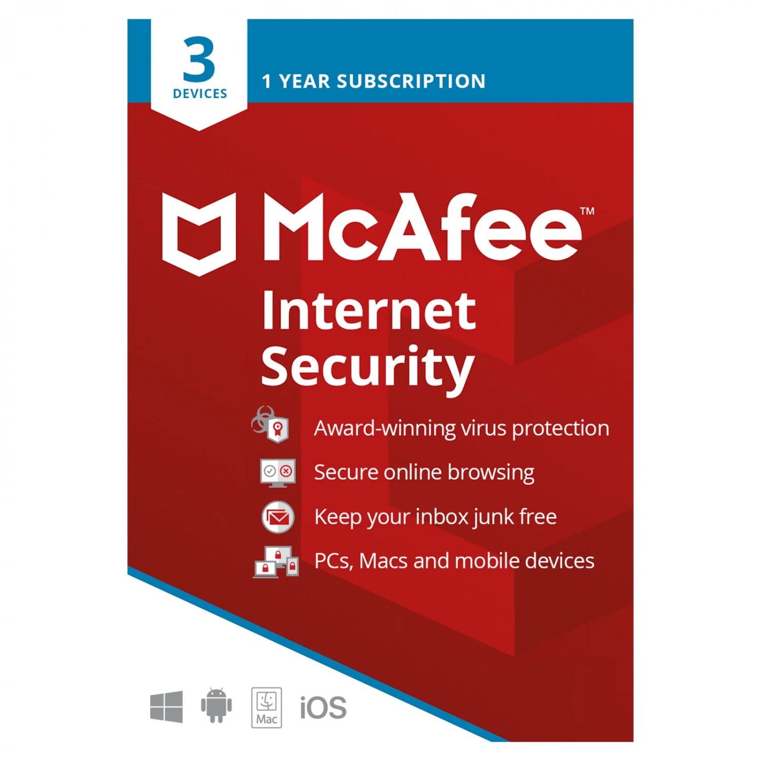 McAfee Internet Security Antivirus, 3 Devices, 1 Year - Global